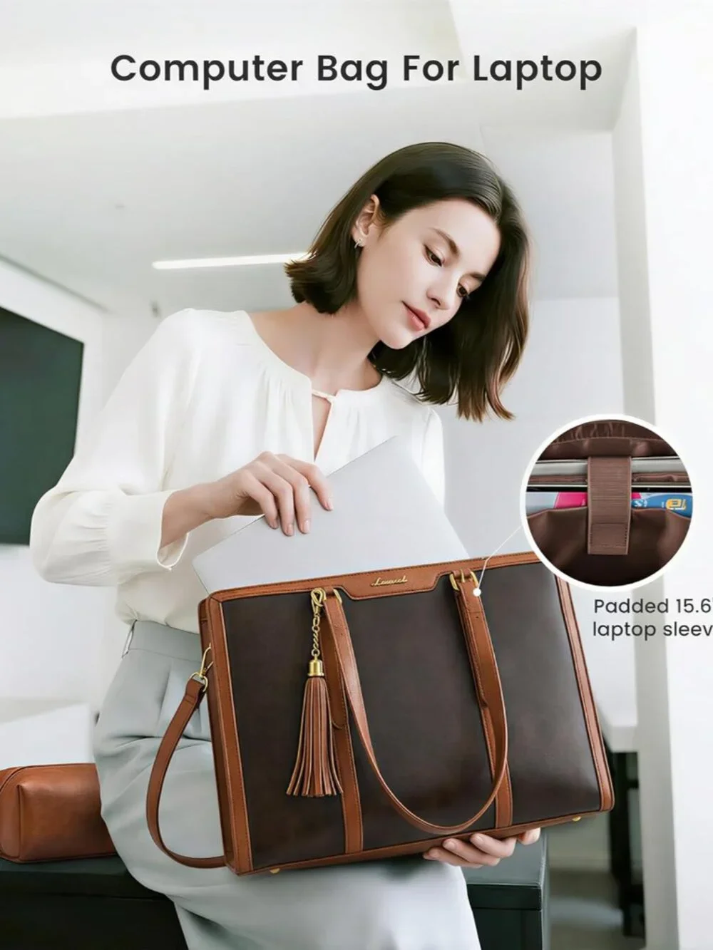 Vintage Leather Laptop Tote for Women – Elegant 15.6